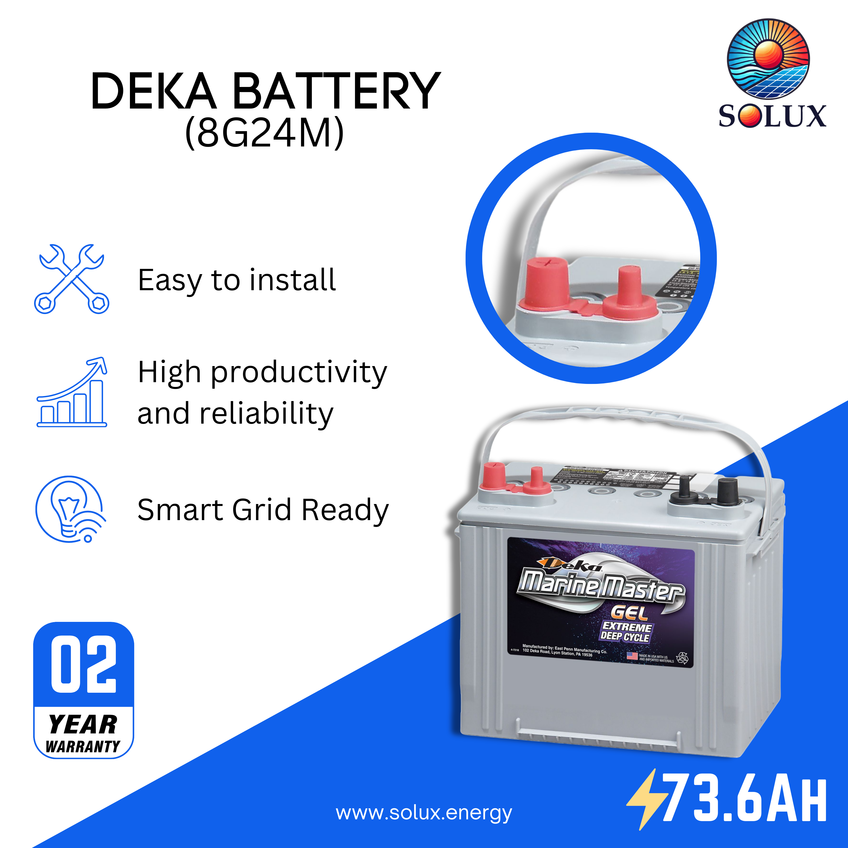 This is an image of MK Deka Dominator Battery 73Ah 12V Deep Cycle Gel Battery